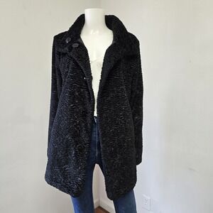 Talbots Black Faux Astrakhan Fur Reversible A-line Swing Coat Pockets Size XL